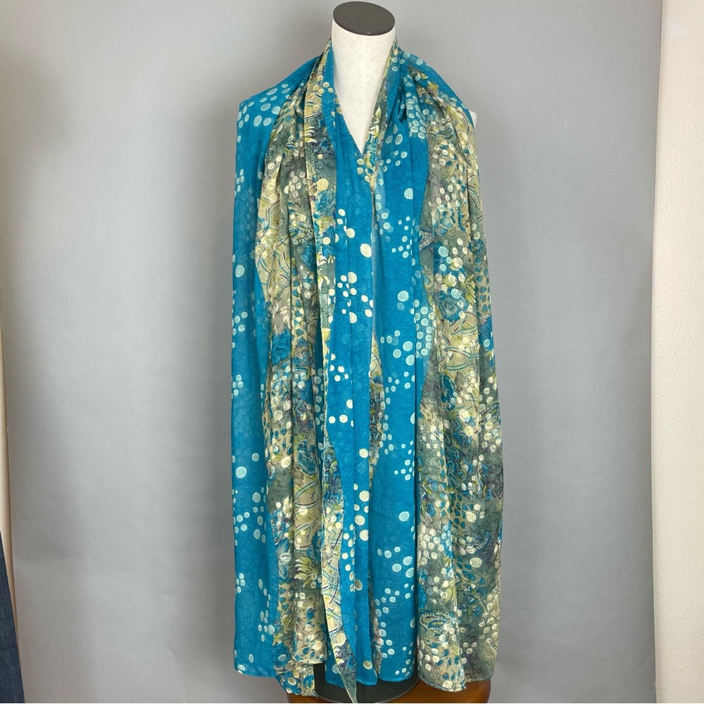 Long Floral Scarf‎ Dots Blue Textured Floaty Women 41x88 Art-to-Wear Boho Roses - Picture 7 of 8
